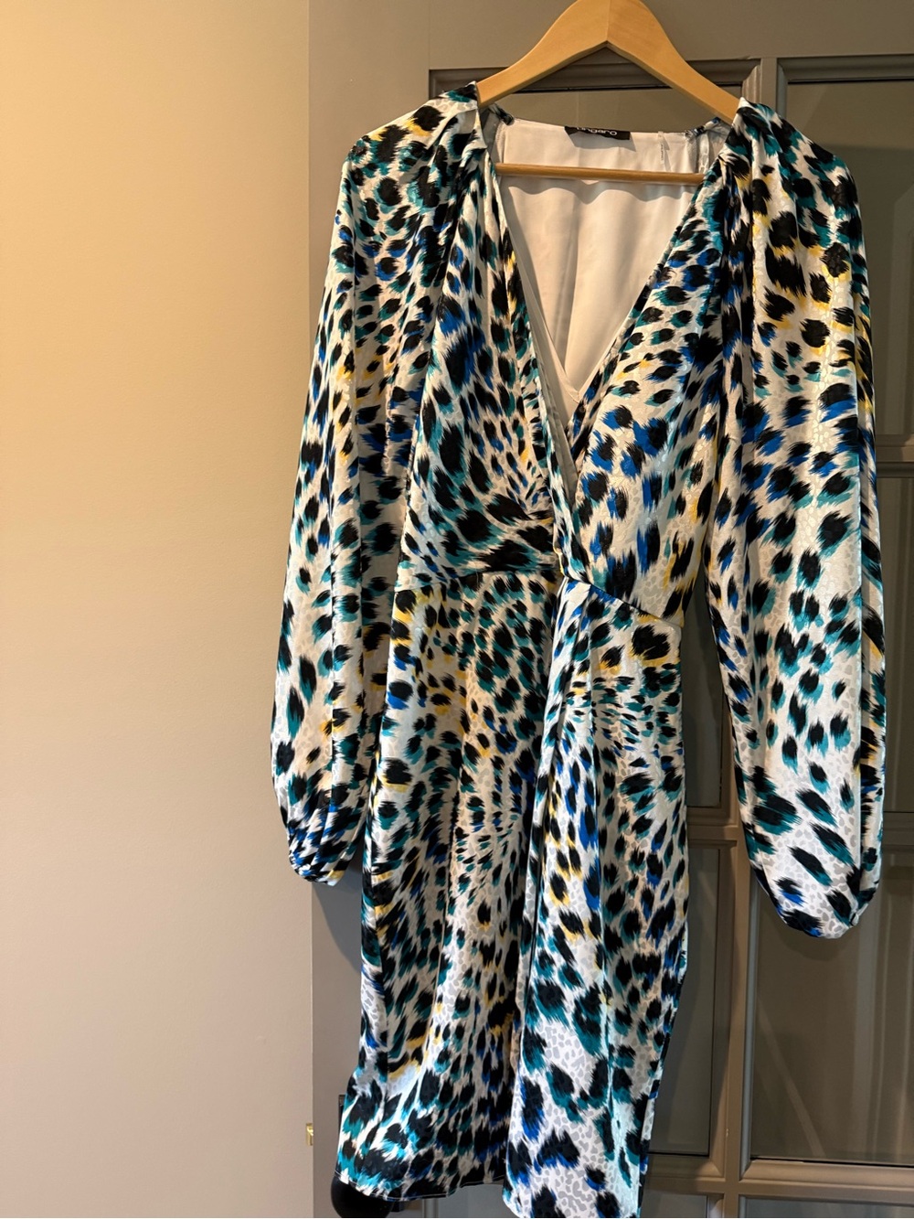 Ungaro Teal, Blue, Black & White Leopard-Print Wrap Dress